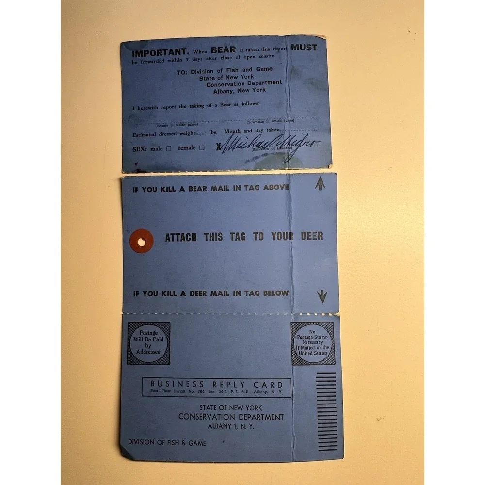 Vintage NYS Big Game Hunting Tags Lot 1956–1962 Deer Bear License Paper Ephemera